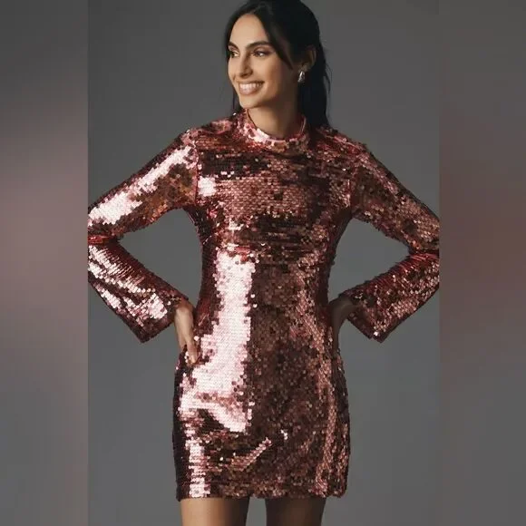 Anthropologie Maeve Long-Sleeve Mock-Neck Sequin Mini Dress Size Large